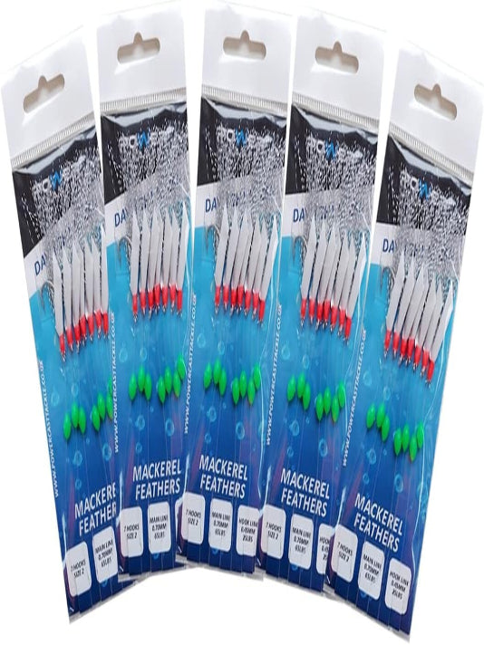 Mackerel Feathers Sea Fishing Lures 7 Hook Sabiki Rig UK Boat Pier Tackle Pack of 5 - Daylight Flash