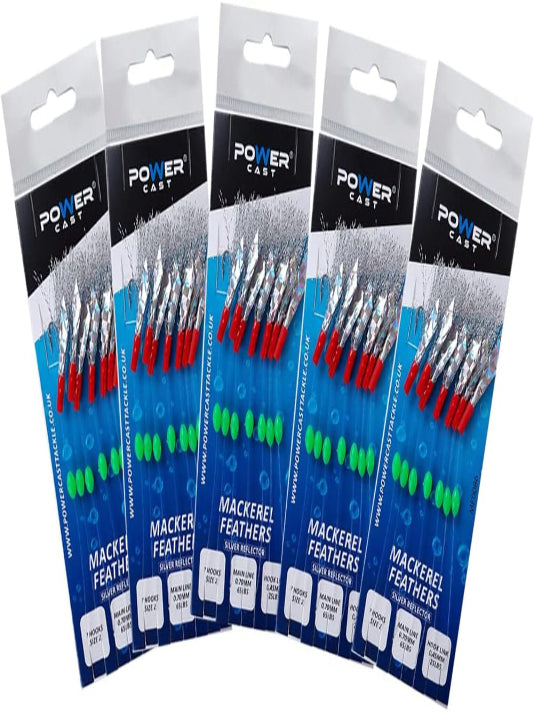 Mackerel Feathers Sea Fishing Lures 7 Hook Sabiki Rig UK Boat Pier Tackle Pack of 5 - Silver Reflector