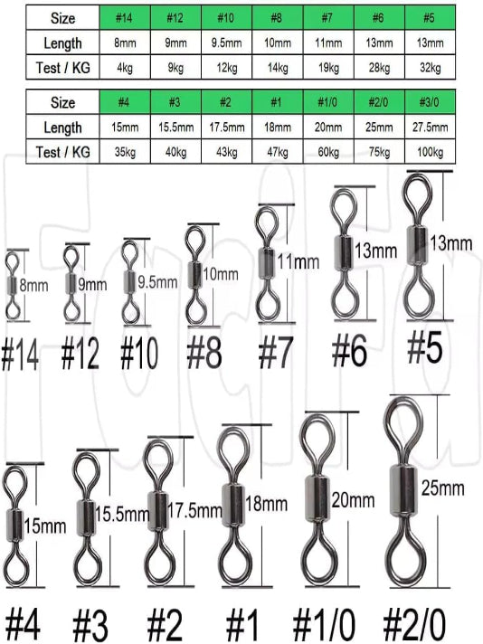 Fishing Swivels, Barrel Swivels Black, silver Sea Fishing Tackles Connector Stainless Steel Terminal Tackle - Mixed- #1#2#3#4 - 100 Pcs