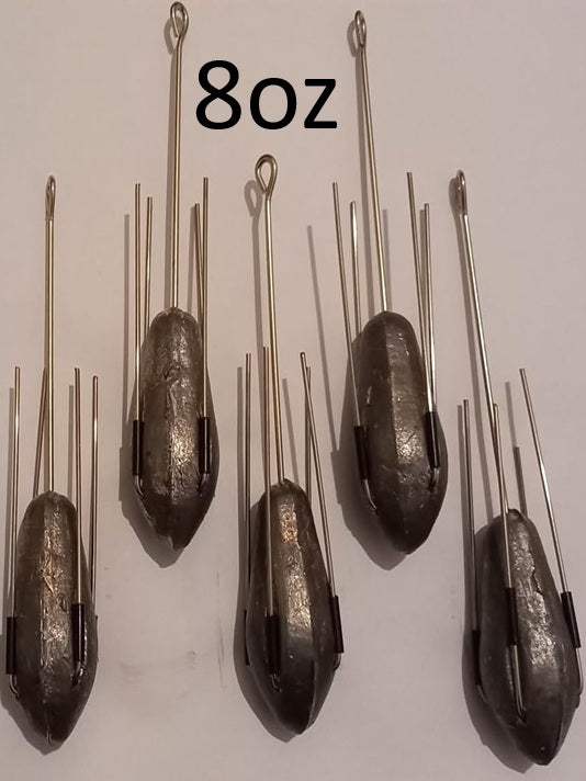 Sea Fishing Dumpy Gripper Weights with Long Tail, 5 Pack, 4oz 5oz 6oz 7oz 8oz 9oz