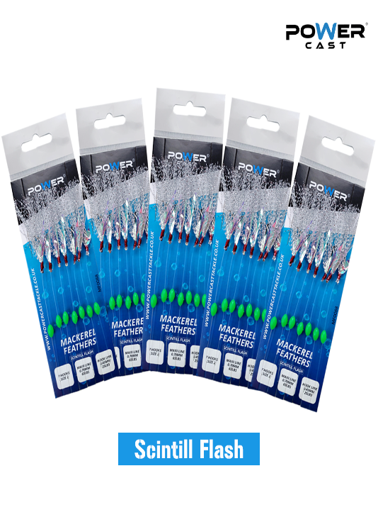 Mackerel Feathers Sea Fishing Lures 7 Hook Sabiki Rig UK Boat Pier Tackle Pack of 5 - Scintill Flash